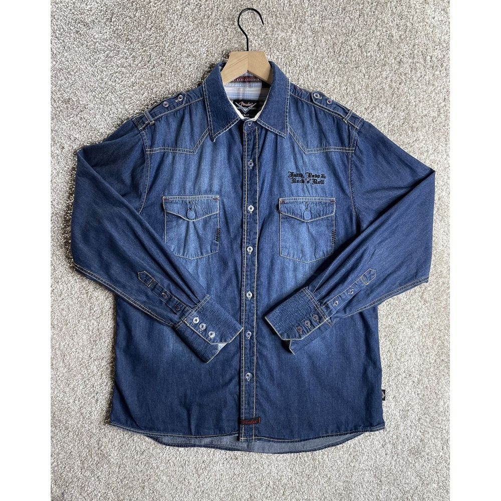 RARE FENDER Shirt Men's L Custom‎ Shop By Rock And Roll Religion Denim Button Up